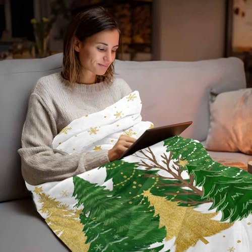Christmas Tree Throw Blanket, Snowflakes Winter Xmas Super Soft Warm Flannel Blankets for Bed Couch Sofa Green Gold Tree Stars Lightweight Fluffy Plush Bed Throws 50x60 Inch - color: Green White, size: 50''x60''