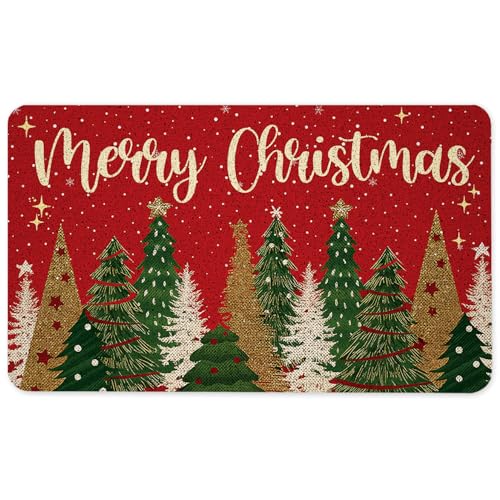 Merry Christmas Tree Door Mat, Vintage Red Christmas Doormat for Front Door Indoor Outdoor Entrance Porch, Glitter Xmas Tree Welcome Mat Outside, Winter Xmas Bath Mats, 17x30 Inches - color: Christmas Tree