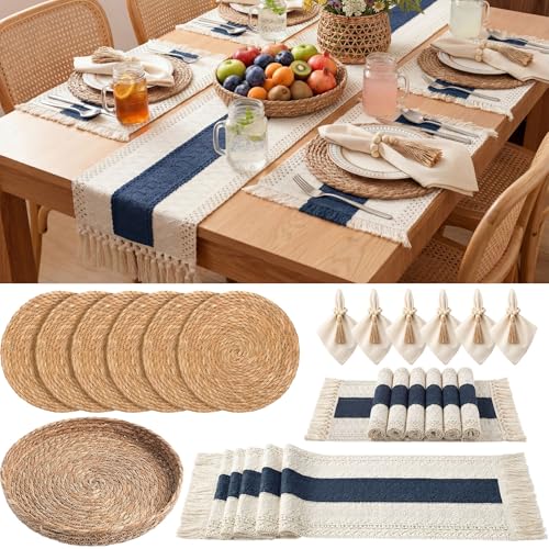 6 Sets Blue Kitchen Decor,Table Setting Decor with Round Woven,Rectangular,Wooden Bead Napkin Rings,Cloth Napkins,Table Runner & Storage Basket,Natural Burlap Cotton for Kitchen Dining Table Home - color: Blue