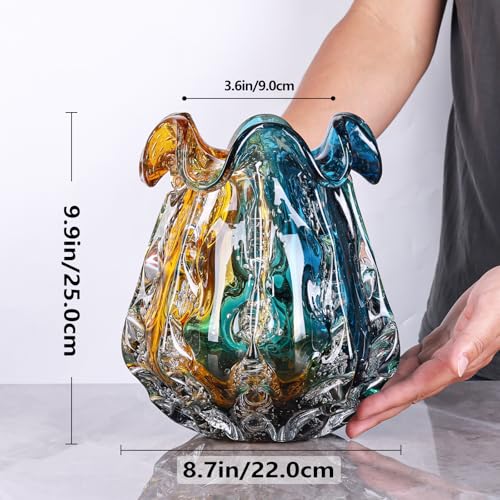 9.9" Tall Large Clear Glass Vase Wide Mouth, Pretty Hand Blown Glass Vase for Bouquet, Unique Teal and Amber Sea Vases for Modern High End Living Room, Office, Dining Table Centerpieces - size: Medium