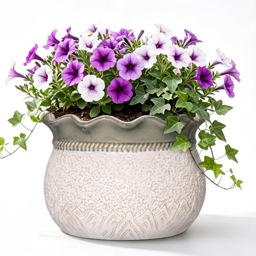 12 Inch Pots for Plants, Ceramic Plant Pots, Beige-Grey | Unique Planter with Drainage Hole, Decorative Round Large Flower Pot for Indoor Plants, Patio Office Decor, Home Gifts - color: Beige-grey, size: 12 Inch