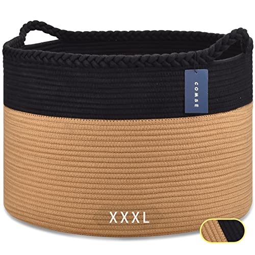 COMSE XXXLarge Woven Blanket & Laundry Basket, 87L, Black & Camel | 21.7" x 13.8", Cotton Rope, Nursery Hamper for Storage of Toys Clothes Towels, Ideal for Living Room Bedroom Bathroom - color: Black & Camel