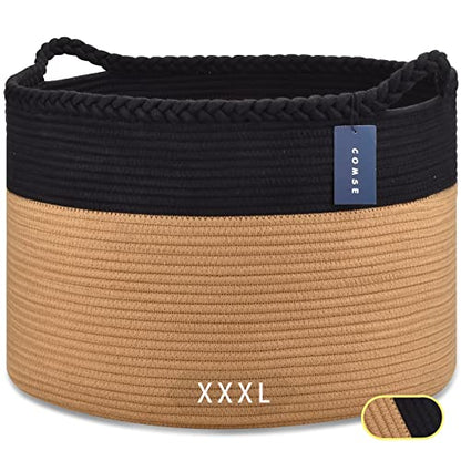 COMSE XXXLarge Woven Blanket & Laundry Basket, 87L, Black & Camel | 21.7" x 13.8", Cotton Rope, Nursery Hamper for Storage of Toys Clothes Towels, Ideal for Living Room Bedroom Bathroom - color: Black & Camel