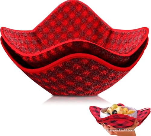 Set 2X Black 7" sq. x 4" H Red Microwave Bowl Cloth Hot Pads Pot - Microwave Safe Holder Multipurpose Heat Resistant Plate Holder Polyester Potholder - Protector for Heat Soup, Food, Meals - color: Color 5