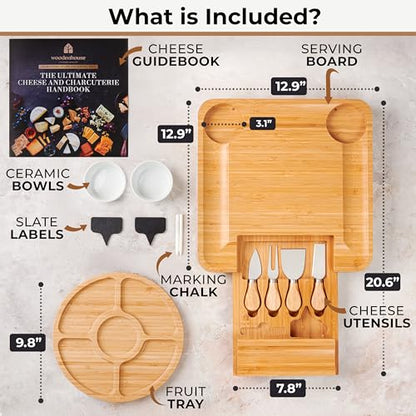 Bamboo Charcuterie Boards Gift Set - Meat and Cheese Tray with Utensils | Fruit Server & 2 Sauce Bowls Included – House Warming, Wedding & New Home Present