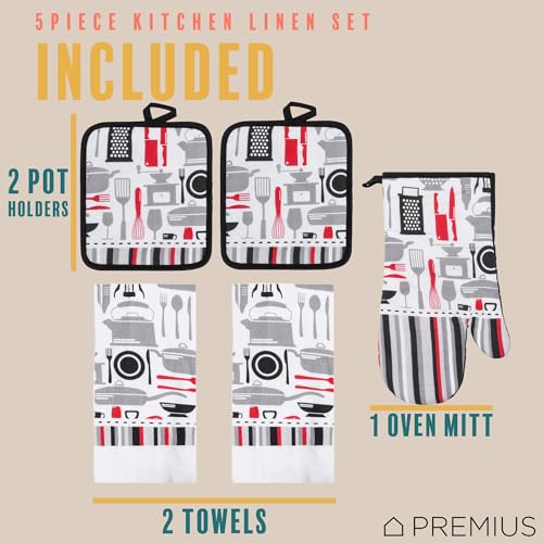 5 Piece Kitchen Tools Printed Kitchen Linen Set, 2 Cotton Towels, 2 Potholders, 1 Oven Mitt with Hanging Loop, 100% Cotton Material on Front & Polyester Backing, Perfect Kitchen Accessory - color: Kitchen Tools