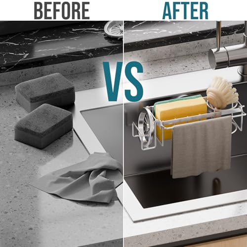 TAILI 4-in-1 Sponge Holder for Kitchen Sink with Strong Suction Cup-Silver | Removable Rustproof 304 Stainless Steel Multi-compartment Sponge Holder with Suction Cup, Keeps Brushes & Scrubbers Tidy - color: Silver, size: 7.28" x 2.36"