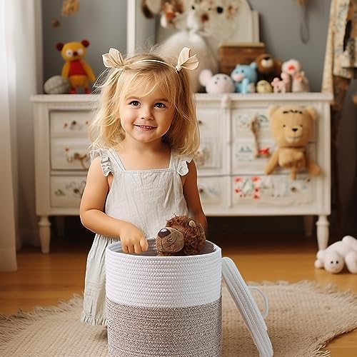 Yimi's Dream Lidded Storage Basket, Medium Brown & White Cotton Rope Basket | Small Round Woven Basket with Lid for Nursery, Baby Toy, Laundry, Yarn, Living Room, Blanket, Organization(11.5''D * 13.5''H) - color: 1 PACK-Brown&White-LIDDED