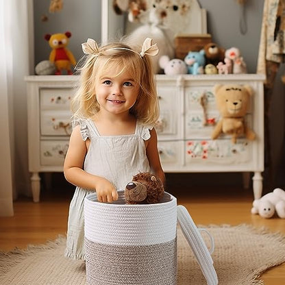 Yimi's Dream Lidded Storage Basket, Medium Brown & White Cotton Rope Basket | Small Round Woven Basket with Lid for Nursery, Baby Toy, Laundry, Yarn, Living Room, Blanket, Organization(11.5''D * 13.5''H) - color: 1 PACK-Brown&White-LIDDED