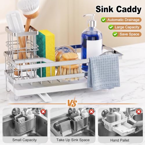 Sponge Holder for Kitchen Sink, Self-draining Sink Caddy with Towel Rack and Brush Holder, Metal Kitchen Countertop Organizers and Storage Essentials, Silver - color: Silver