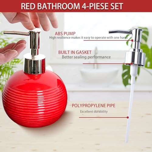Red Bathroom Accessories Set,4 Pcs Ceramic Bath Accessory Sets Includes Soap Dispenser, Toothbrush Holder, Tumbler and Soap Dish,Bathroom Countertop Organizer Set for Home Apartment