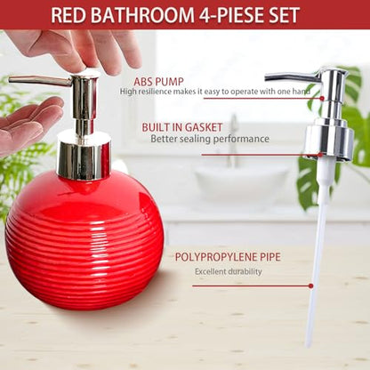 Red Bathroom Accessories Set,4 Pcs Ceramic Bath Accessory Sets Includes Soap Dispenser, Toothbrush Holder, Tumbler and Soap Dish,Bathroom Countertop Organizer Set for Home Apartment