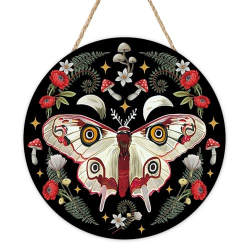 Mystical Forest Gothic Butterfly Front Door Sign, Moth Mushroom | Fairytale Dark Cottagecore Outdoor Wood Plaque Hanger, Fall Botanical Plant Flower Wooden Wreath Wall Hanging Home Decoration - color: Moth