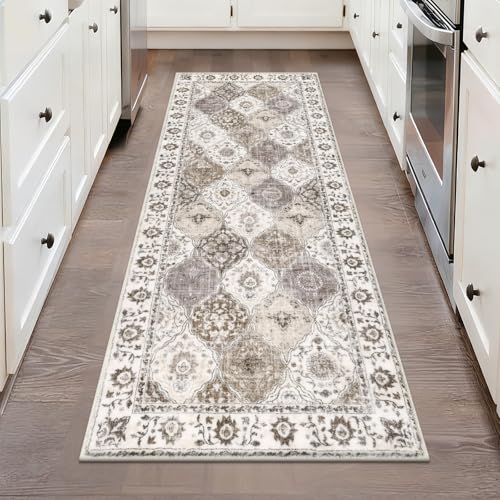 HEBE Hallway Runner Rug 2'x5', Washable Non Slip Kitchen Rug Runner | Soft Boho Bedroom Runner Rug, Vintage Distressed Low-Pile Floor Carpet Runners for Hallway, Entrance, Bathroom, Laundry - color: Beige, size: 2' x 5' (Rectangular)