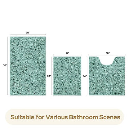 HOMEIDEAS 3 Pieces Bathroom Rugs, Ultra Soft Non Slip Absorbent Chenille Toilet Bath Mat Set (Eggshell Blue) - color: Blue-eggshell Blue, size: 17"x24"+20"x32"+U Shape 20"x24"