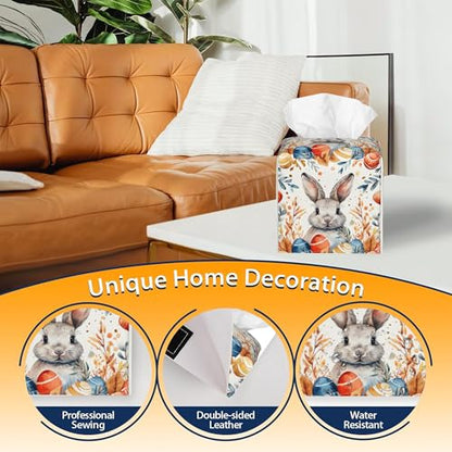 Tissue Box Cover,Easter Eggs Bunny Leaves Leather Tissue Box Holder Square Facial Paper Case Organizer Dispenser for Bathroom Vanity Countertop Tabletop Car Office - color: Color2