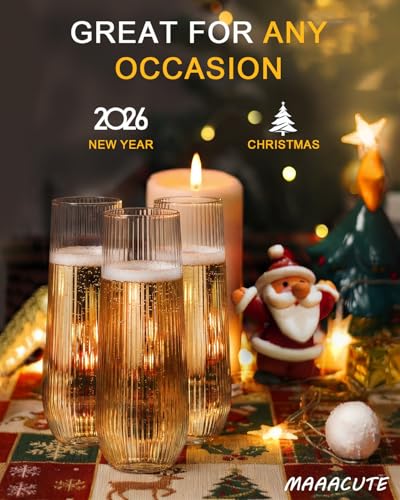 24 Pack Plastic Champagne Flutes, 9 Oz Disposable Wine Mimosa Glasses | Ribbed Stemless Champagne Flutes Cocktail Glasses, Plastic Cups for Bridal Shower Bachelorette Party Mimosa Bar - color: Ripple-24 Pack