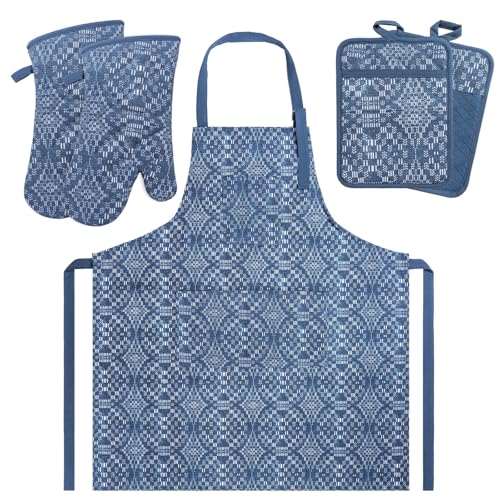 Oven Mitts and Pot Holders with Cooking Apron Set of 5, Heat Resistant Kitchen Gloves and Silicone Non-Slip Potholders (Dusty Blue) - color: Dusty Blue