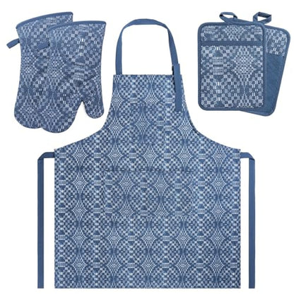 Oven Mitts and Pot Holders with Cooking Apron Set of 5, Heat Resistant Kitchen Gloves and Silicone Non-Slip Potholders (Dusty Blue) - color: Dusty Blue