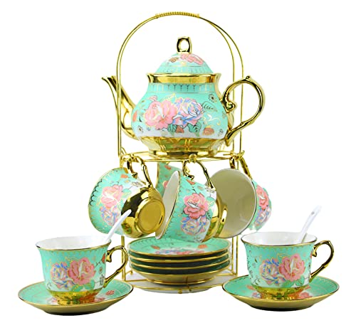 20 Pieces Porcelain Tea Set With Metal Holder, European Ceramic tea set for adults,Flower Tea Set,Tea Set For Women With Flower Painting (Large version, Green) - color: Green