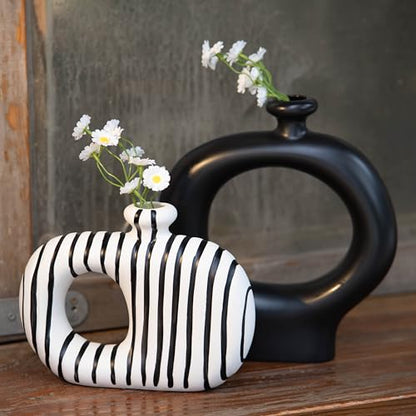 Relexome Donut Vases Set of 2,Black & White Striped Hollow Ceramic Flower Vases,Modern Nordic Minimalist Round Decorative Vase for Pampas Grass,Dried Flowers,Living Room,Table Centerpiece & Home Decor