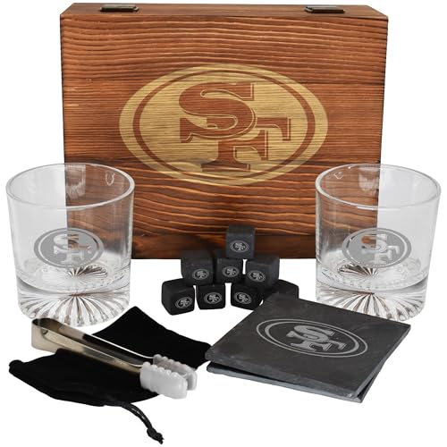 The Memory Company Licensed NFL Wood Boxed Drinkware Gift Set - Includes 2 Premium Rock Glasses, Cooling Cubes, Tongs, and Coasters, San Francisco 49ers - color: San Francisco 49ers