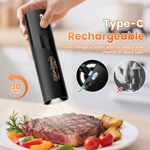 110ml Electric Salt and Pepper Grinder Set 2 Pack Rechargeable Auto Shakers | Large Capacity Spice Mill with Adjustable Coarseness for Kitchen, Cooking, Outdoor Dining and Home Use (Black & White)