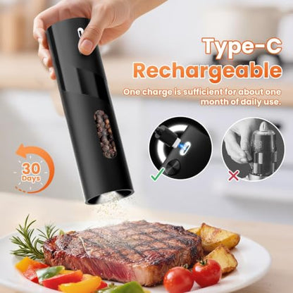 110ml Electric Salt and Pepper Grinder Set 2 Pack Rechargeable Auto Shakers | Large Capacity Spice Mill with Adjustable Coarseness for Kitchen, Cooking, Outdoor Dining and Home Use (Black & White)