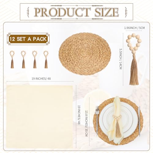 Gejoy 36 Pcs Boho Woven Placemats Wood Bead Napkin Rings with Dinner Napkins Cloth 13.8 Inch Round Water Hyacinth Placemat Farmhouse Rustic Table Chargers Wooden Dinner Ring for Wedding Thanksgiving