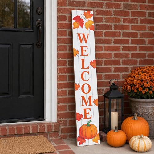Fall Welcome Porch Sign | Vertical Wooden Welcome Sign with Pumpkin & Maple Leaves | Farmhouse Autumn Thanksgiving Harvest Decor | Front Door Indoor/Outdoor Home Decoration - color: Orange