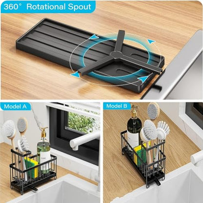 Sponge Holder for Kitchen Sink - Sink Caddy with Brush Holder Auto Draining Sponge Caddy Organizer with Divider Stainless Steel Kitchen Accessories Storage for Countertop