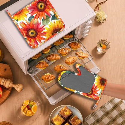 Watercolor Sunflowers Oven Mitts and Pot Holders Sets Flower Oil Painting Non-Slip Silicone Surface for BBQ Gloves,Kitchen,Cooking,Baking,Grilling - color: Watercolor Sunflowers