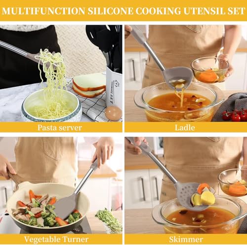 Silicone Kitchen Cooking Utensils Set with Stainless Steel Handle, Spatula Set Utensil Set, Cooking Utensil Set,Kitchen Tools Gadgets for Nonstick Cookware (35, Khaki) - color: Khaki