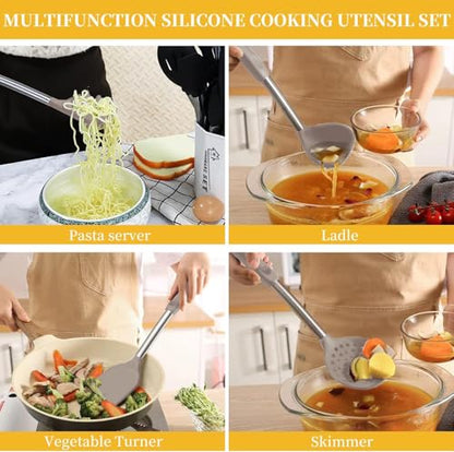 Silicone Kitchen Cooking Utensils Set with Stainless Steel Handle, Spatula Set Utensil Set, Cooking Utensil Set,Kitchen Tools Gadgets for Nonstick Cookware (35, Khaki) - color: Khaki