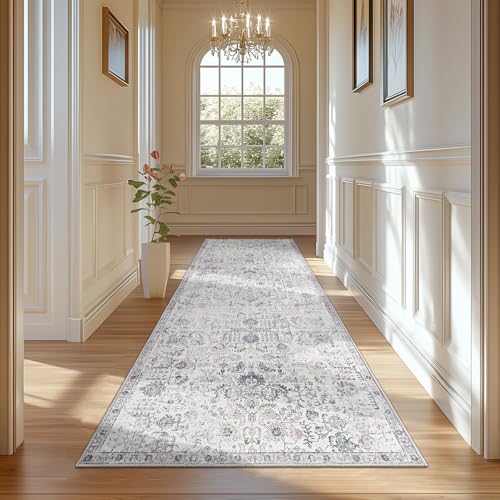 jinchan 3x7 Vintage Floral Runner Rug, Washable Rug, Grey | Distressed Floral Design, Soft Low Pile Surface, Non Slip, Easy Care, Pet Friendly, Hallway Entryway Kitchen Laundry Room - color: Distressed Grey Multi, size: 3' x 7' (Rectangular)