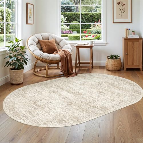 Soalmost Small Oval 3x5 Rug for Entryway Kitchen, Washable Area Rugs, Beige | Vintage Low Pile Carpet for Nursery Coffee Table Bathroom, Foldable Stain Resistant Indoor Door Mat Entrance Powder Room - color: Beige, size: 3' x 5' (Oval)