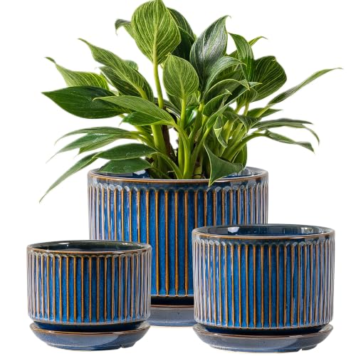SURE YUESI Ceramic Plant Pots Set of 3, Indoor Outdoor Planters with Drainage Hole and Saucer, Ceramic Flower Pots for Indoor Plants, 4.3+5.5+6.8 Inch, Home, Garden, Patio and Office, Glossy Blue - color: Navy Blue
