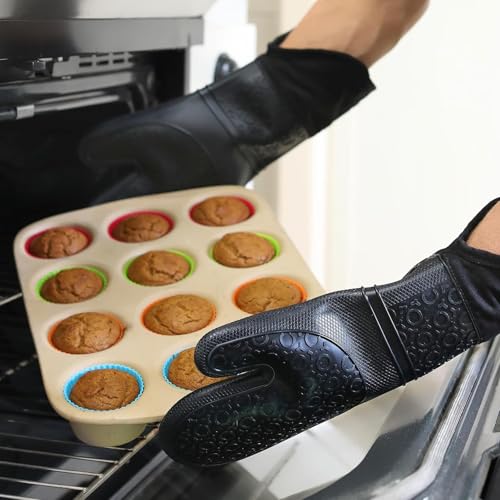 BPA-Free Silicone Oven Mitts Ultra Heat Resistant up to 500°F - Oven Mitts with Thick Cotton Liner - Long Slip Resistant Pot Holders, Flexible Oven Gloves - Black 14.7 - color: Black, size: 2-Piece 14.7" Oven Mitts