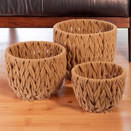 Galt International Set of 3 Tan Cotton Woven Rope Nestable Baskets w/Rigid Frame Size Storage Basket Home Decor
