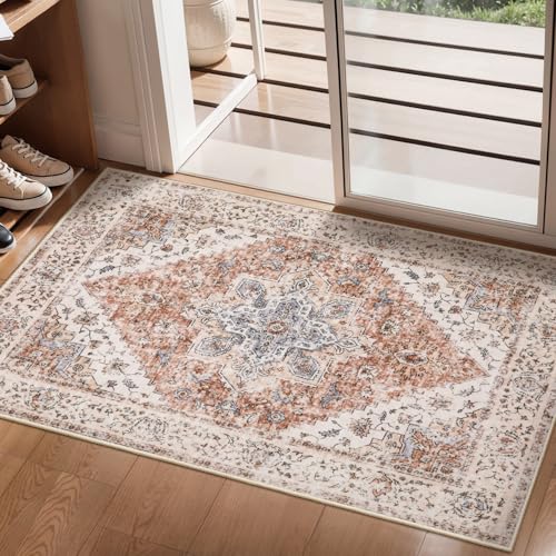 Ciicool 2x4ft Washable Entry Area Rug,Small Door Mat for Entryway Kitchen | Boho Indoor Vintage Non-Slip Oriental Low-Pile Throw Carpet for Entrance Bathroom Living Room Dining Room Floor Home Decor - color: Vintage Cream/Brick, size: 2' x 4' (Rectangular