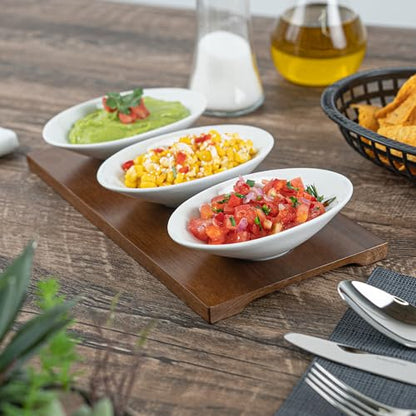 Restaurantware-9 Ounce Bowl Set with Tray - 1 Dishwashable Serving Set, Includes 3 Porcelain Bowls And 1 Bamboo Tray, Durable, White Porcelain And Bamboo Bowl And Platter Kit, Reusable, Freezable - size: Triple set, style: Ellipse