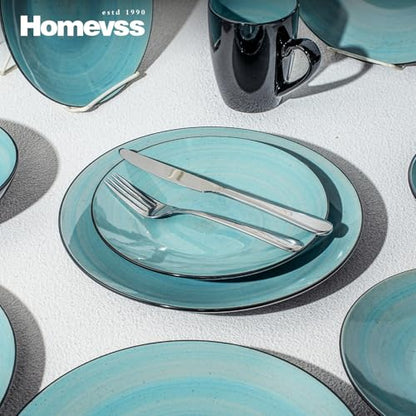 HomeVss Sonoma 16 Piece Stoneware Dinner Set, Outside Black + Inside Handpainted Color Turquoise with speckle - color: Turquoise