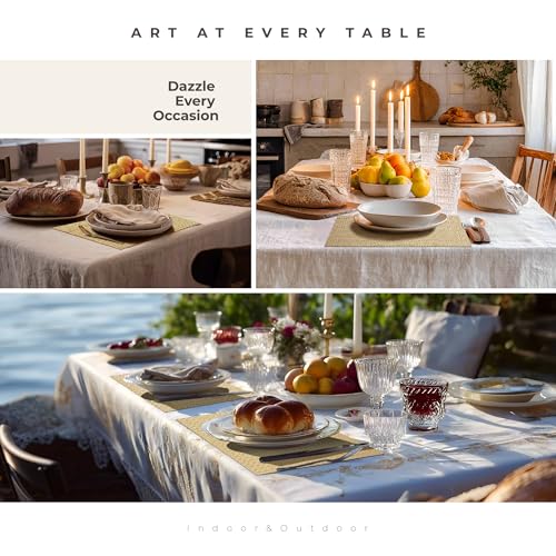 Leetaltree Woven Vinyl Placemats Set of 6, Gold Sequin | Waterproof & Washable Dining Table Mats for Wedding, Anniversary, Daily Use, Hand-Cut, Easy to Clean - color: 00- Gold Sequin, size: Set of 6