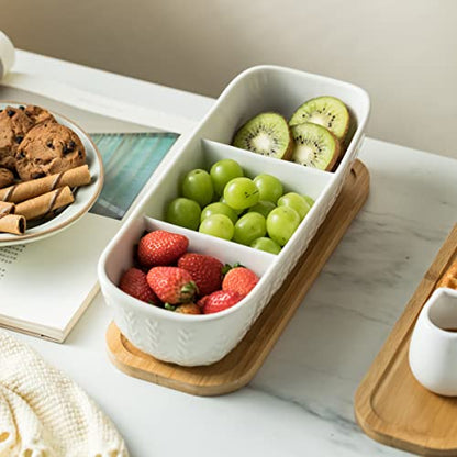 Miamolo Chip and Dip Set Bowl with Divided Serving Tray, Hosting Essentials | Acacia Wood Tray, Ceramic Serving Bowls | Condiment Tray for Dipping Sauces, Party | Kitchen Counter Decor, Microwave Safe - size: Large-11 inches