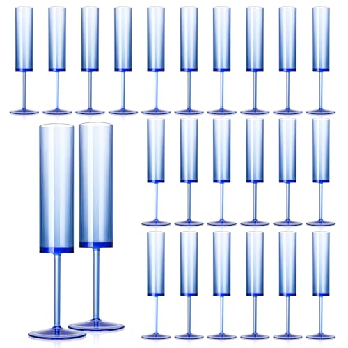 24 PCS Sapphire Blue Plastic Champagne Flutes 5.4 OZ Clear Acrylic Champagne Flutes Sparkling Wine GlassesLong Stem Crystal Champagne Glasses For Wedding Baby Shower Anniversary Birthday - color: Sapphire, size: 24 Pack