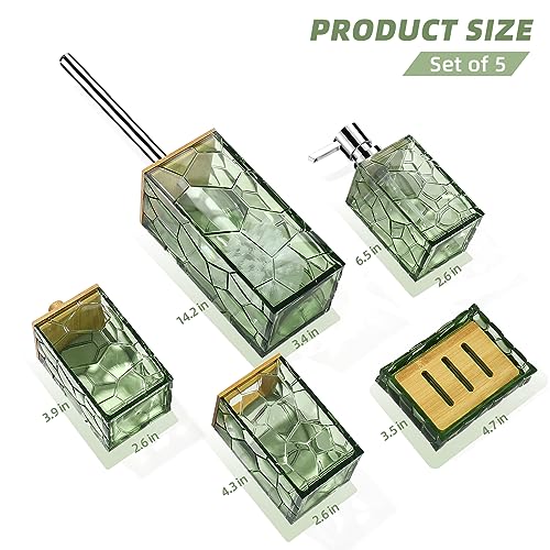 GAHEFY Sage Green Bathroom Accessories Set, Toothbrush Holder, Soap Dispenser, Cotton Swabs Holder, Soap Dish, Toilet Brush with Holder, Boho Bamboo Bathroom Decor,Acrylic (Green) - style: Green-5pcs
