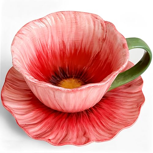 10 oz Tea Cups and Saucers, Ceramic Flower-shaped Cappuccino Cup, Latte Cup and Saucer set, elegant floral Espresso Cup set, Suitable for microwave and dishwasher-Red - color: Red