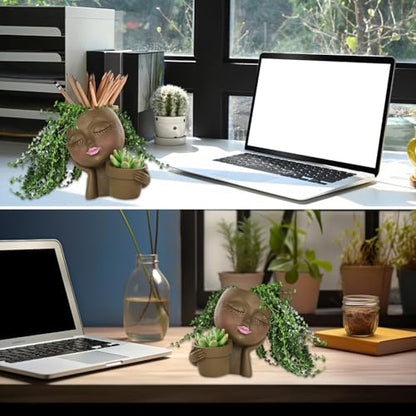 Face Planter Pot, Lady Head Planter with Drainage Holes, Brown | Dual-compartment lady head planter with drainage holes for succulents, cactus, and air plants - color: Brown