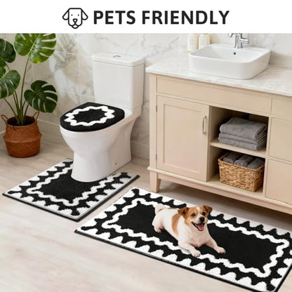 Findosom Bathroom Rugs Sets 3 Piece, Absorbent Soft Non-Slip Bath Rug Set | Washable Microfiber Shaggy Scalloped Bath Mat Set with Bathroom Runner Rug, U-Shaped Toilet Rugs, Shower Rug, Black - color: Black & White, size: 18"x26"+18"x48"+U 20"x24"
