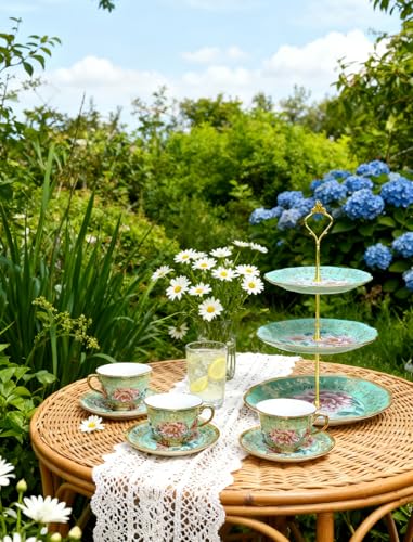 3-Tier 13.5 Inches Green Cupcake Dessert Stands, Cake Snack Scones Crackers Fruit Appetizers Pastry Tiered Platters Serving Tray for Tea Party, Bridal Shower, Wedding Catered Event - Flowers